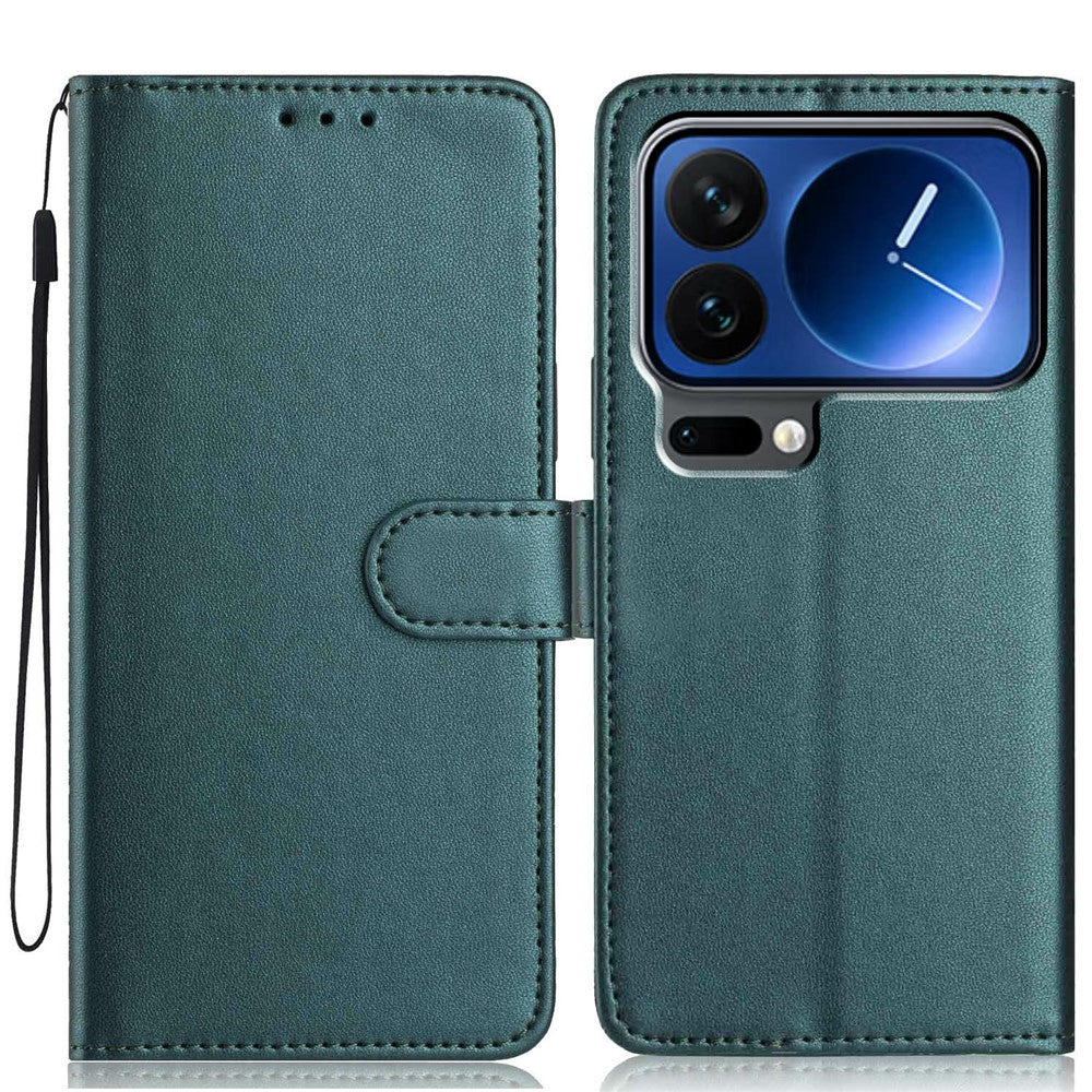 For Xiaomi 17 Pro Max Wallet Case with Strap  /  Multiple Card Slots Solid Color Leather Stand Phone Cover - Blackish Green