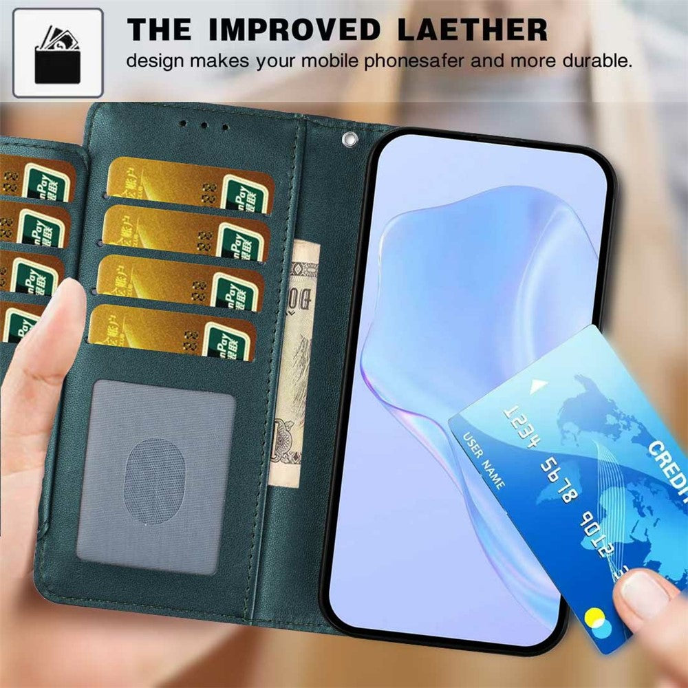 For Xiaomi 17 Pro Max Wallet Case with Strap  /  Multiple Card Slots Solid Color Leather Stand Phone Cover - Blackish Green