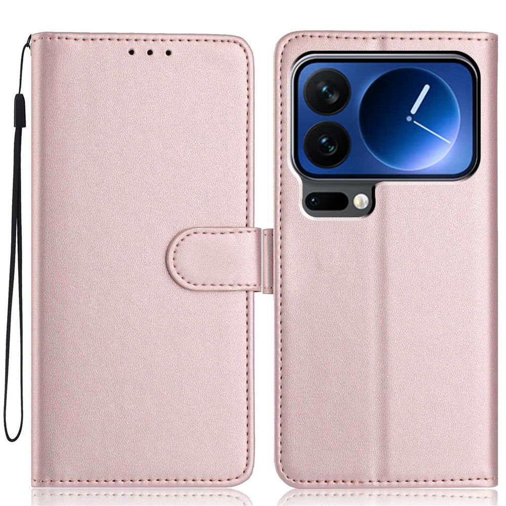 For Xiaomi 17 Pro Max Wallet Case with Strap  /  Multiple Card Slots Solid Color Leather Stand Phone Cover - Rose Gold