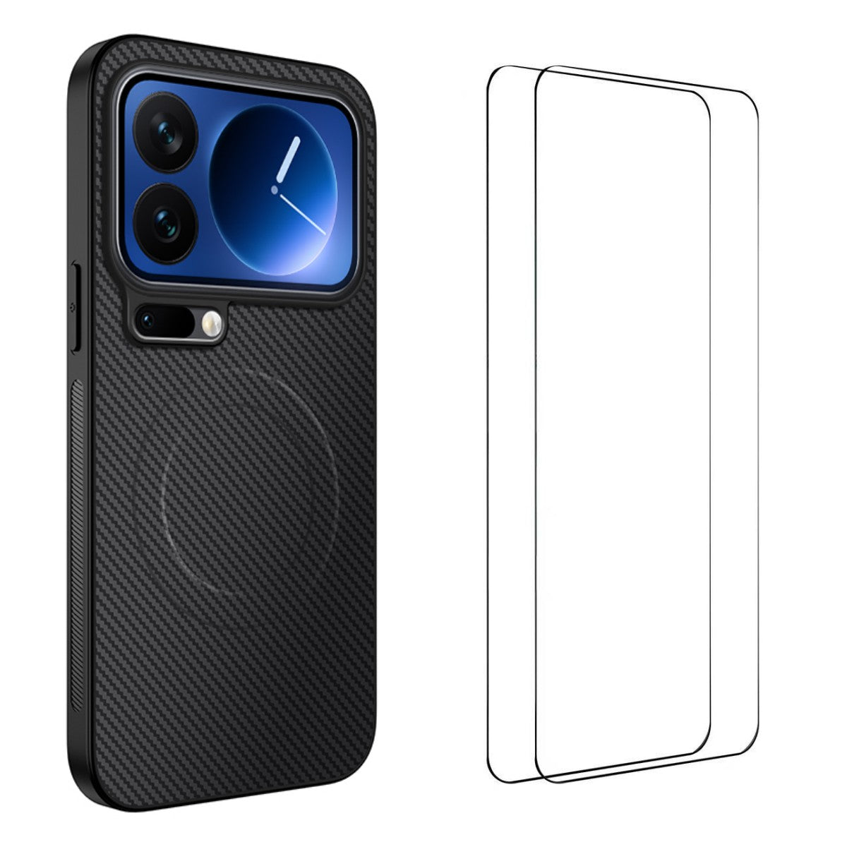 For Xiaomi 17 Pro Max Magnetic Case WANLONFENG TQ1 Series Carbon Fiber Texture PC TPU Phone Cover with 2Pcs Screen Films - Black