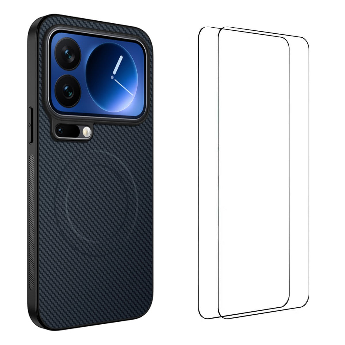 For Xiaomi 17 Pro Max Magnetic Case WANLONFENG TQ1 Series Carbon Fiber Texture PC TPU Phone Cover with 2Pcs Screen Films - Sapphire