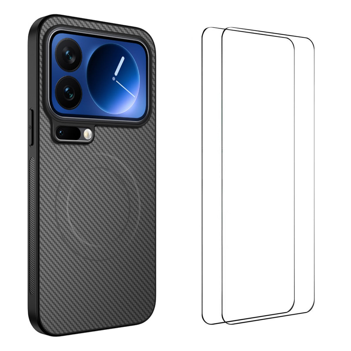 For Xiaomi 17 Pro Max Magnetic Case WANLONFENG TQ1 Series Carbon Fiber Texture PC TPU Phone Cover with 2Pcs Screen Films - Grey