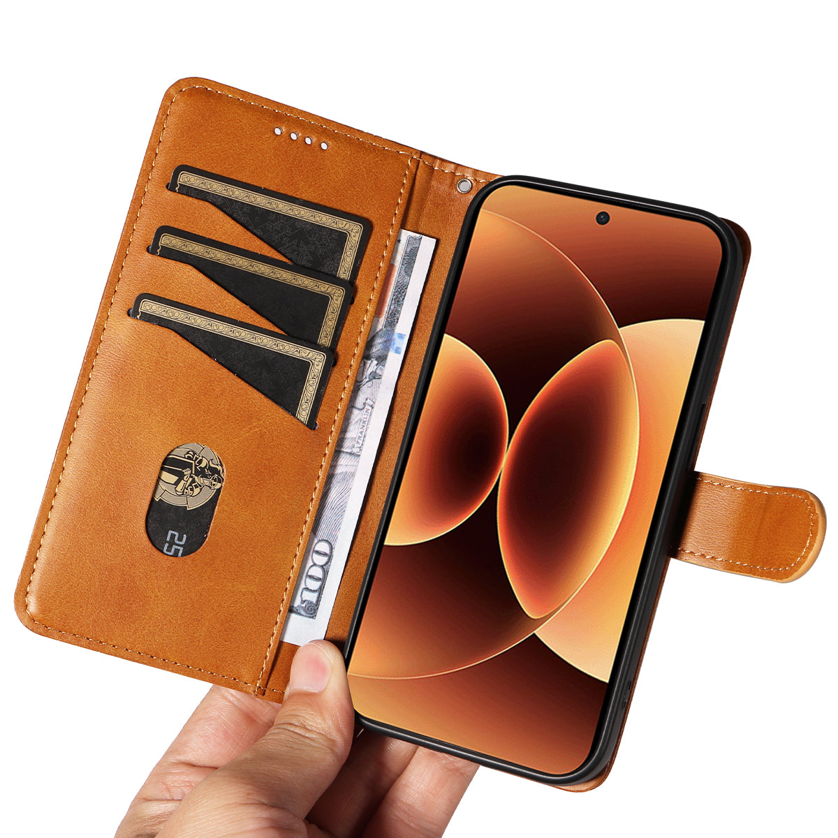 For Xiaomi 17 Pro Max Wallet Case T-Shape Lines Leather Phone Cover Stand - Brown