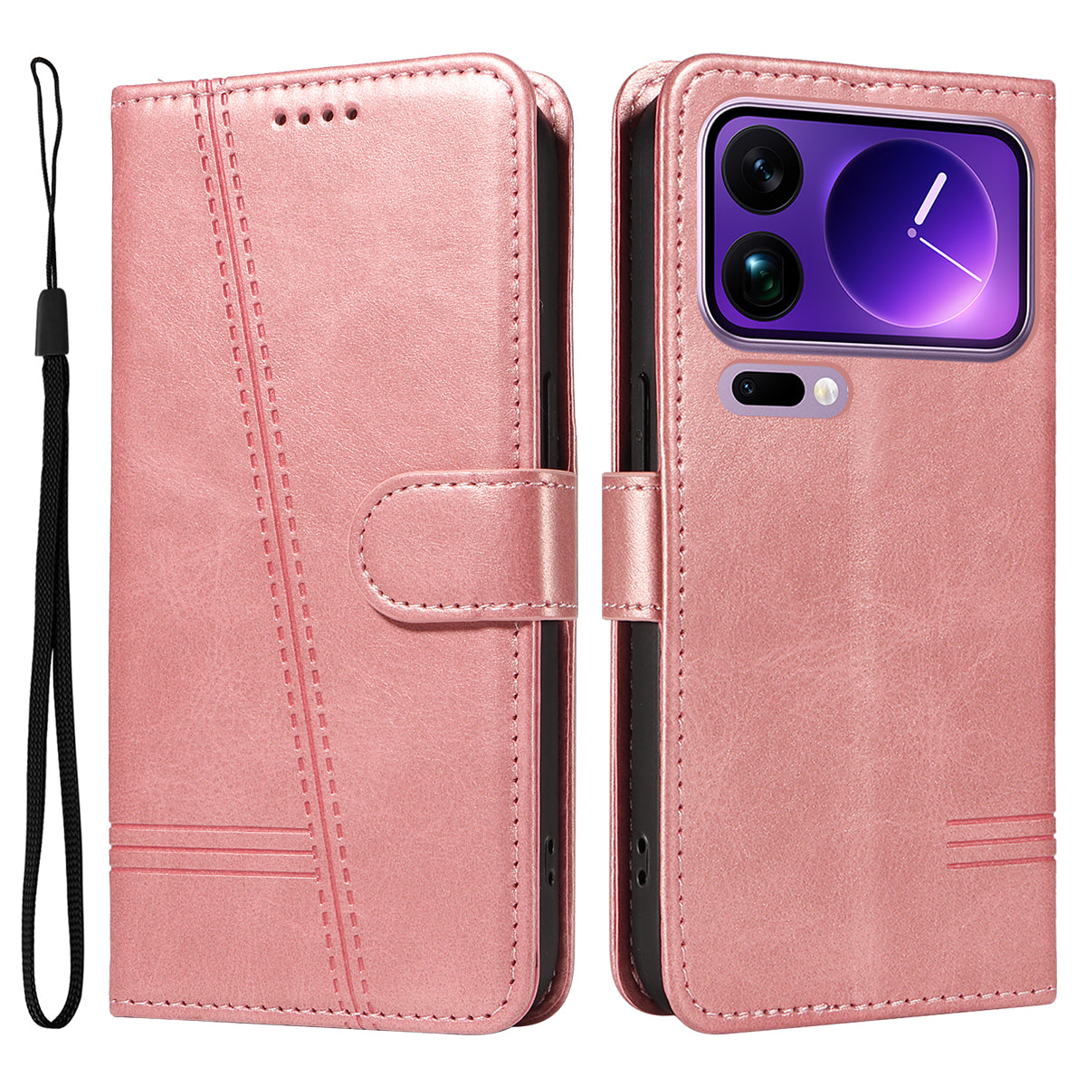For Xiaomi 17 Pro Max Wallet Case T-Shape Lines Leather Phone Cover Stand - Rose Gold