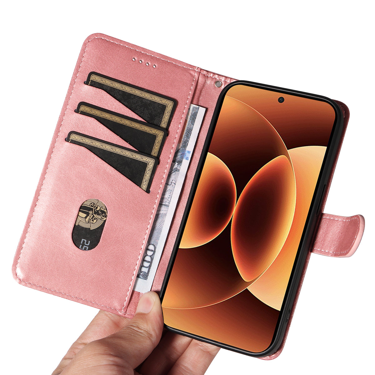 For Xiaomi 17 Pro Max Wallet Case T-Shape Lines Leather Phone Cover Stand - Rose Gold
