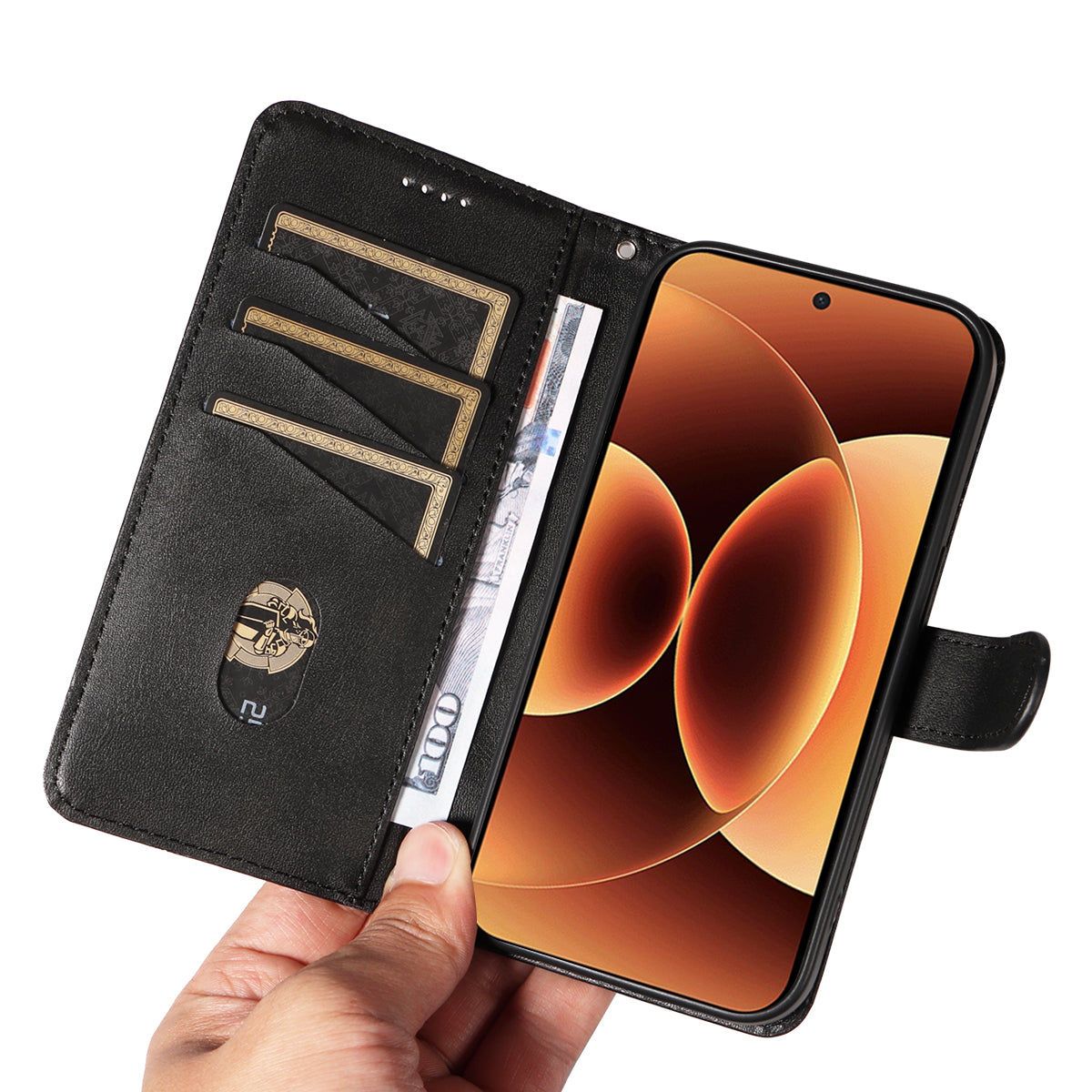For Xiaomi 17 Pro Max Wallet Case T-Shape Lines Leather Phone Cover Stand -  Black