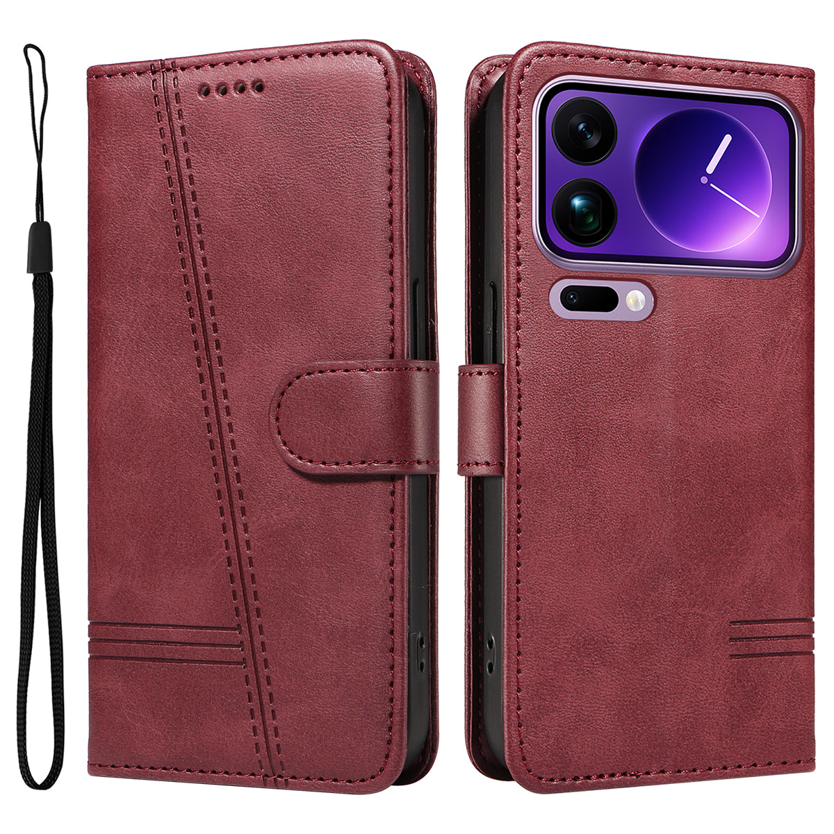 For Xiaomi 17 Pro Max Wallet Case T-Shape Lines Leather Phone Cover Stand - Wine Red