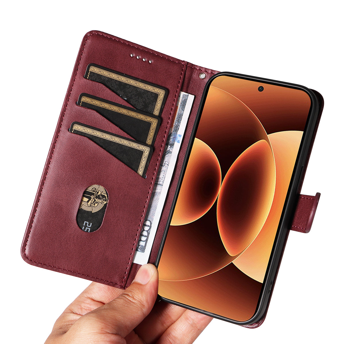 For Xiaomi 17 Pro Max Wallet Case T-Shape Lines Leather Phone Cover Stand - Wine Red