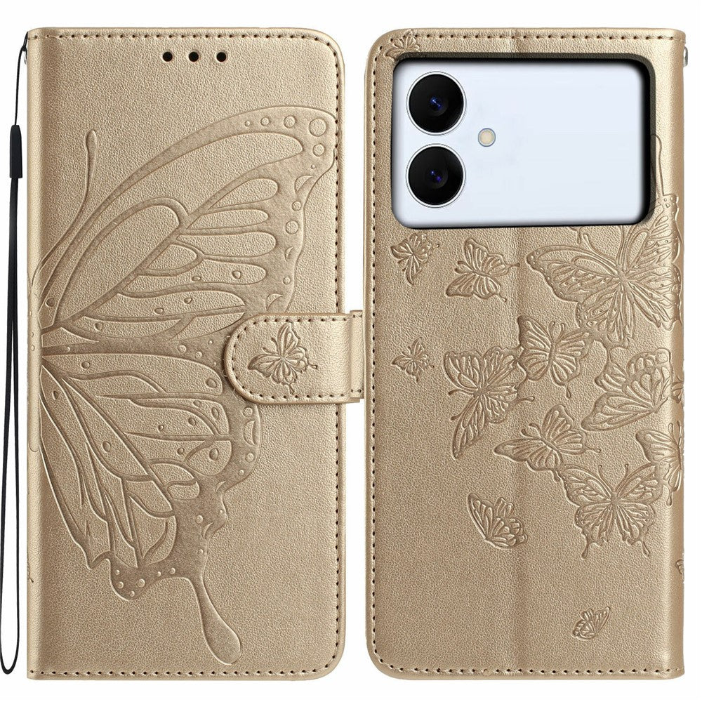 For-Samsung-Galaxy-S26-Edge-Case-Butterfly-Imprinted-Wallet-Stand-PU-Leather-Flip-Phone-Cover-with-Strap-Gold