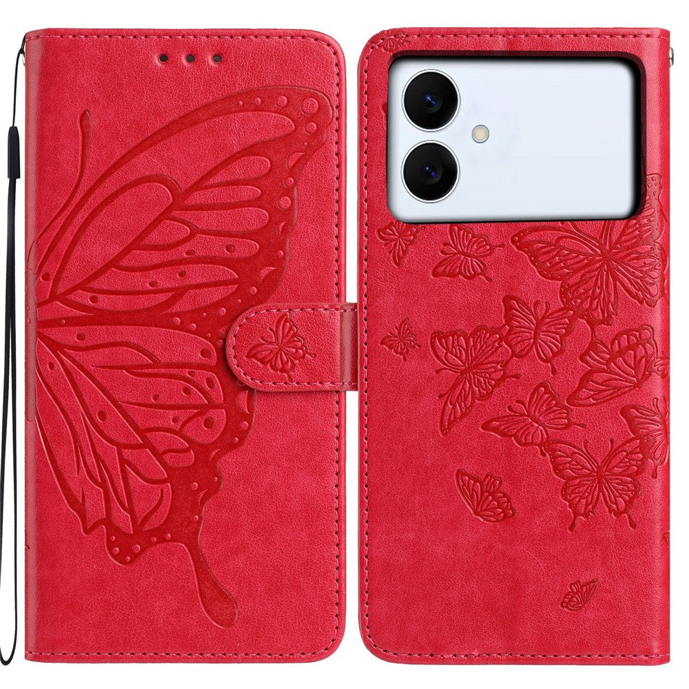 For-Samsung-Galaxy-S26-Edge-Case-Butterfly-Imprinted-Wallet-Stand-PU-Leather-Flip-Phone-Cover-with-Strap-Red
