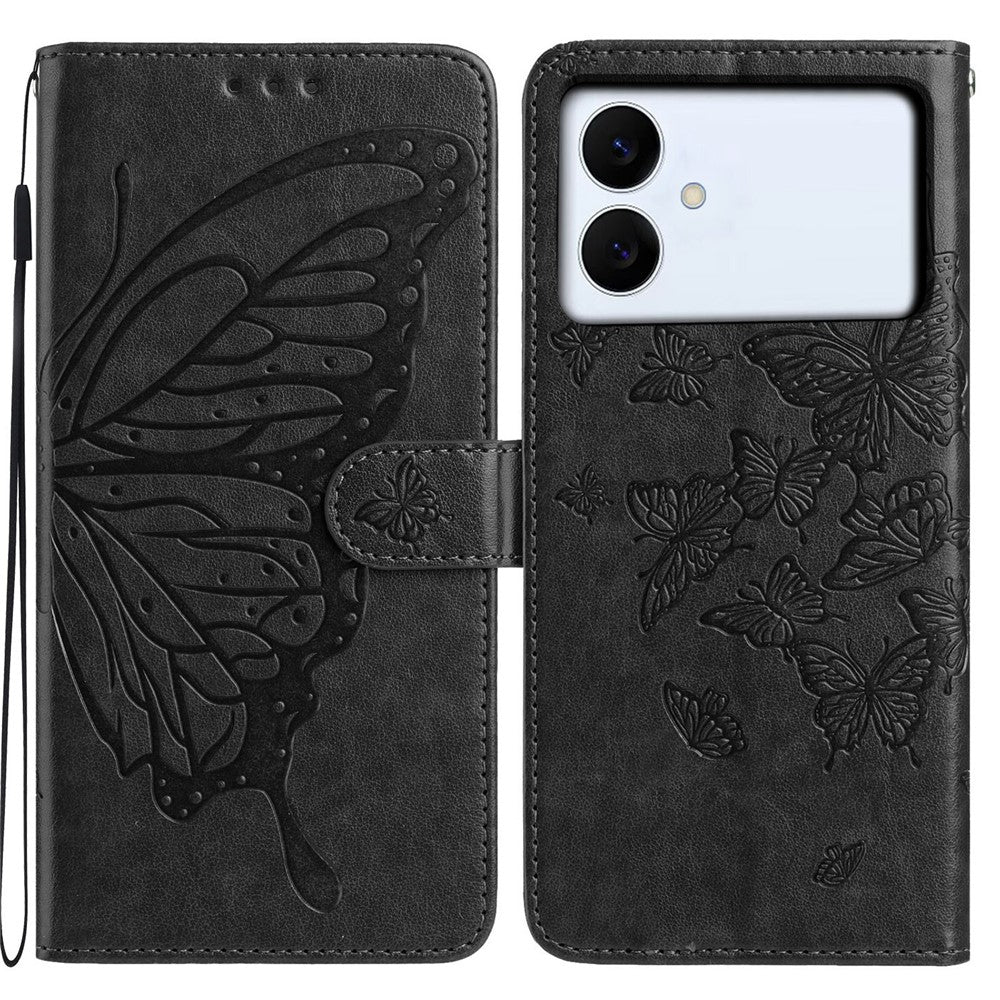 For-Samsung-Galaxy-S26-Edge-Case-Butterfly-Imprinted-Wallet-Stand-PU-Leather-Flip-Phone-Cover-with-Strap-Black