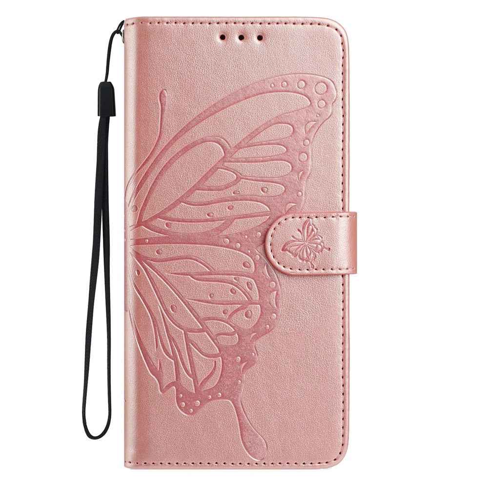 For Xiaomi 17 Pro Case Butterfly Imprinted Wallet Stand PU Leather Flip Phone Cover with Strap - Rose Gold