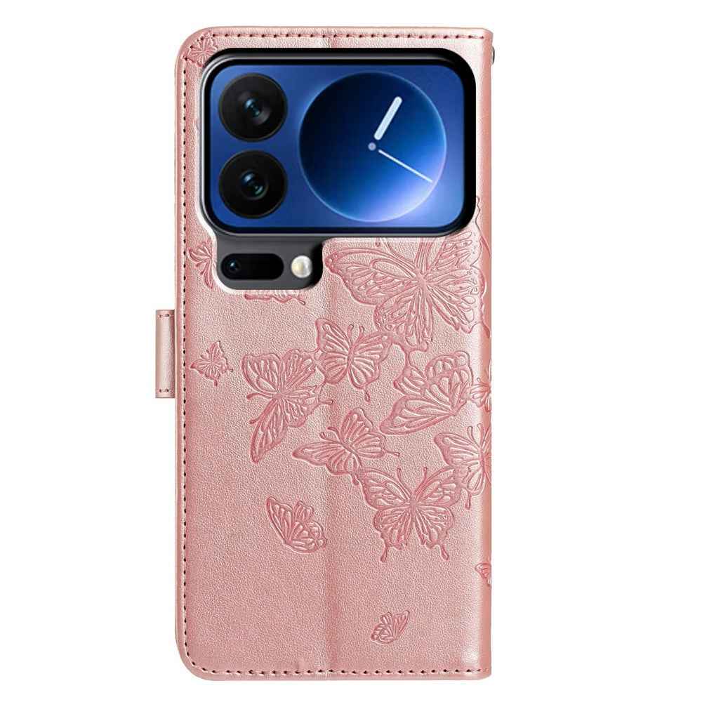 For Xiaomi 17 Pro Case Butterfly Imprinted Wallet Stand PU Leather Flip Phone Cover with Strap - Rose Gold