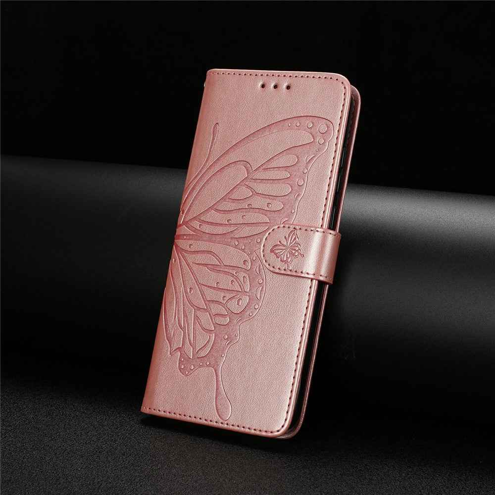 For Xiaomi 17 Pro Case Butterfly Imprinted Wallet Stand PU Leather Flip Phone Cover with Strap - Rose Gold