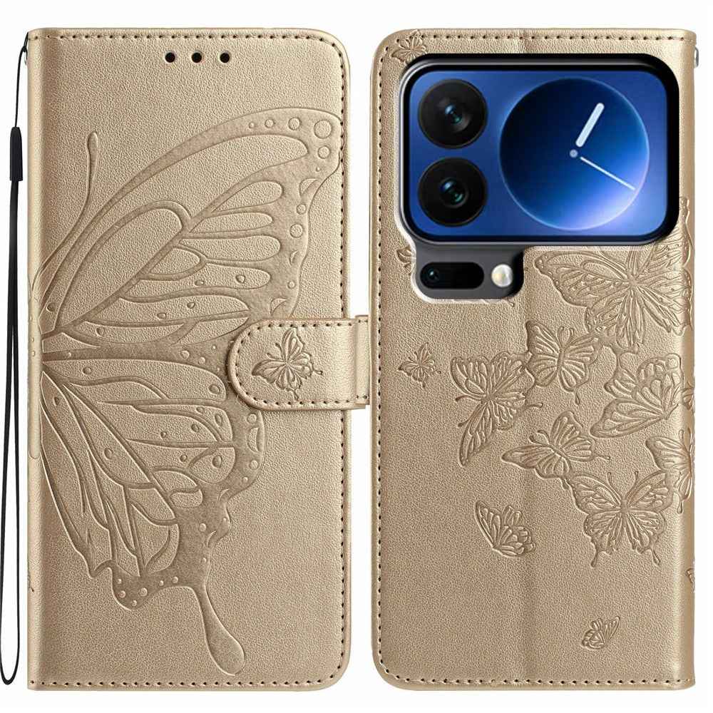 For Xiaomi 17 Pro Case Butterfly Imprinted Wallet Stand PU Leather Flip Phone Cover with Strap - Gold