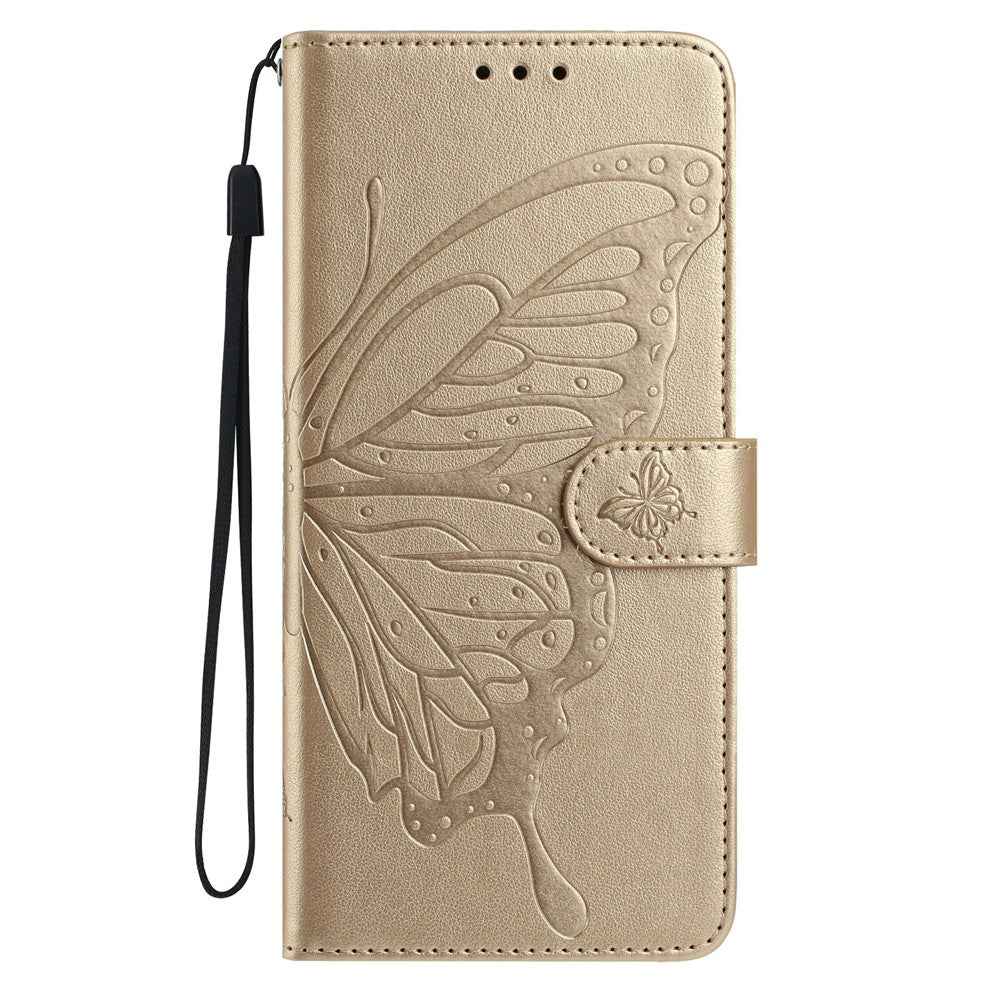 For Xiaomi 17 Pro Case Butterfly Imprinted Wallet Stand PU Leather Flip Phone Cover with Strap - Gold