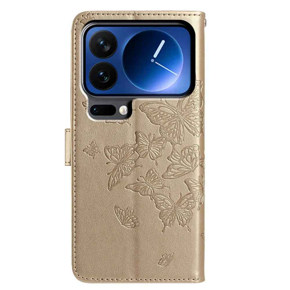 For Xiaomi 17 Pro Case Butterfly Imprinted Wallet Stand PU Leather Flip Phone Cover with Strap - Gold