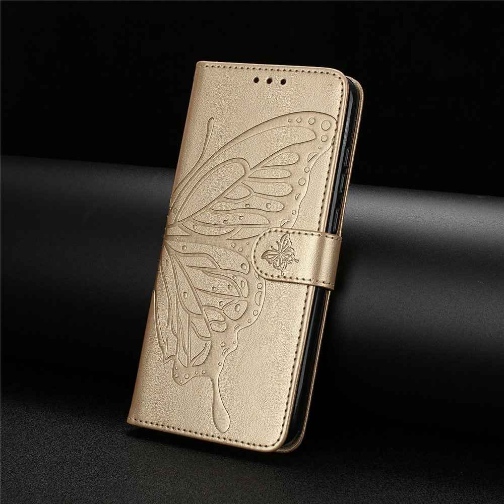 For Xiaomi 17 Pro Case Butterfly Imprinted Wallet Stand PU Leather Flip Phone Cover with Strap - Gold