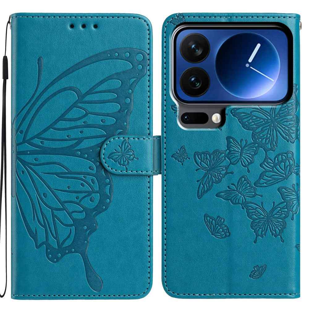For Xiaomi 17 Pro Case Butterfly Imprinted Wallet Stand PU Leather Flip Phone Cover with Strap - Blue