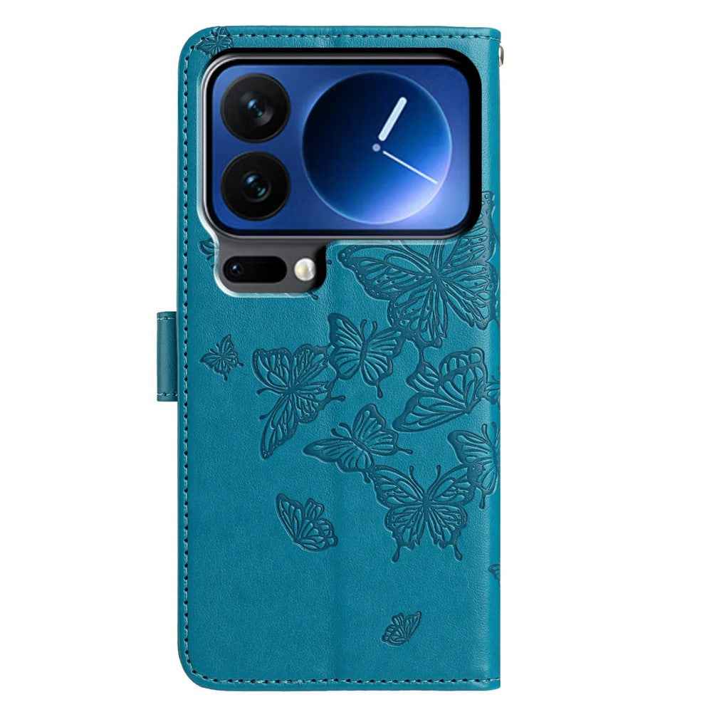 For Xiaomi 17 Pro Case Butterfly Imprinted Wallet Stand PU Leather Flip Phone Cover with Strap - Blue