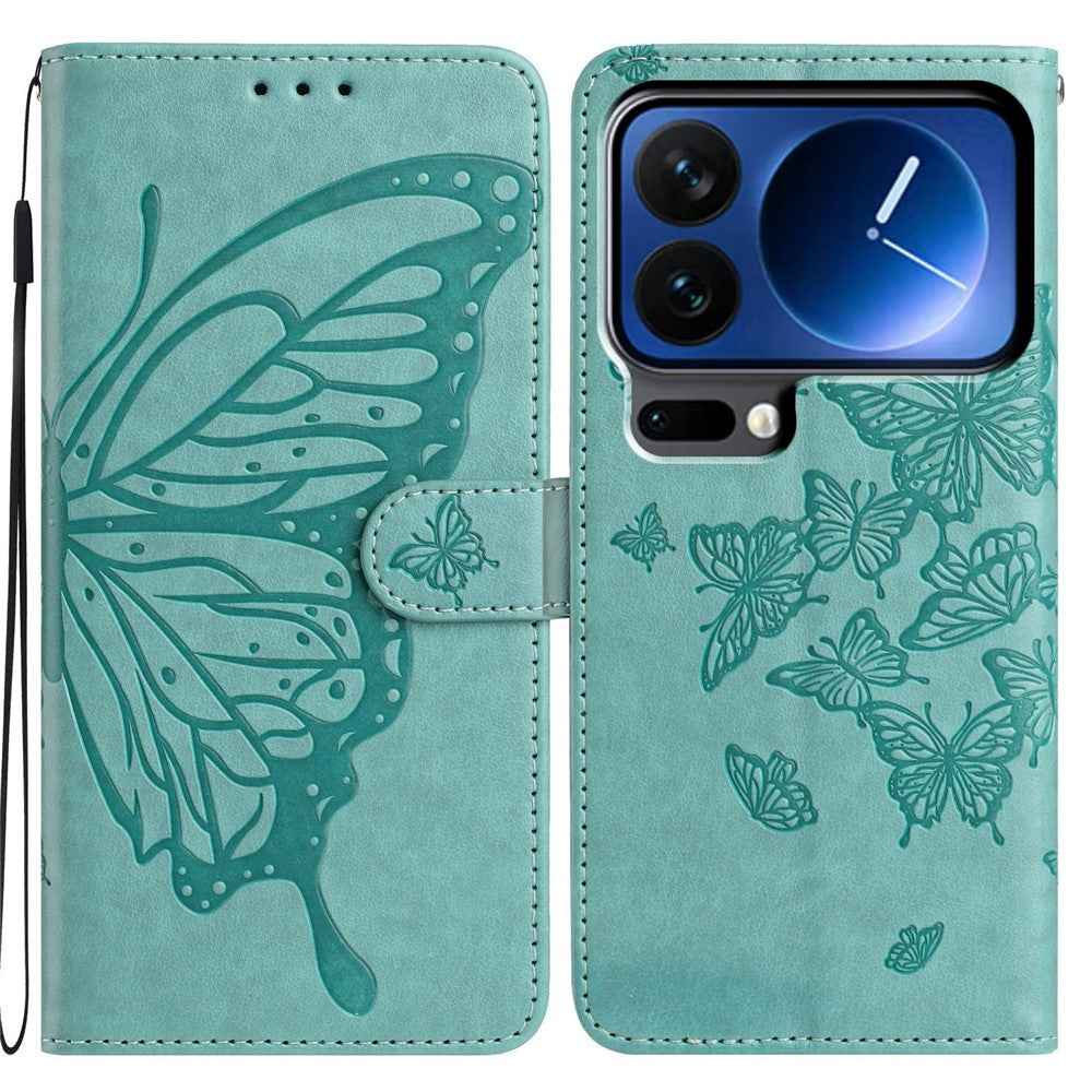 For Xiaomi 17 Pro Case Butterfly Imprinted Wallet Stand PU Leather Flip Phone Cover with Strap - Green