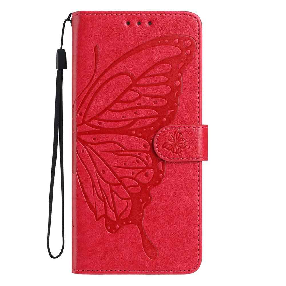 For Xiaomi 17 Pro Case Butterfly Imprinted Wallet Stand PU Leather Flip Phone Cover with Strap - Red