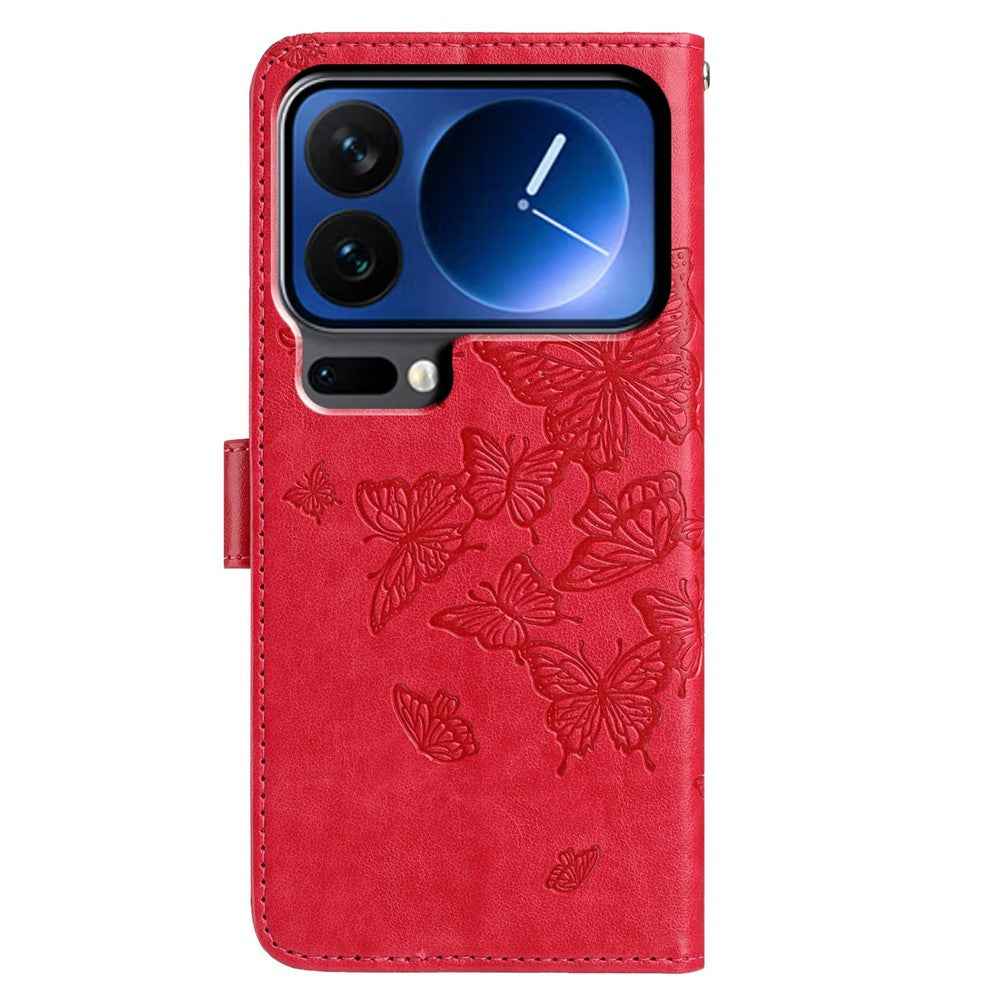 For Xiaomi 17 Pro Case Butterfly Imprinted Wallet Stand PU Leather Flip Phone Cover with Strap - Red