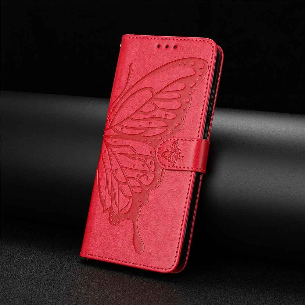 For Xiaomi 17 Pro Case Butterfly Imprinted Wallet Stand PU Leather Flip Phone Cover with Strap - Red