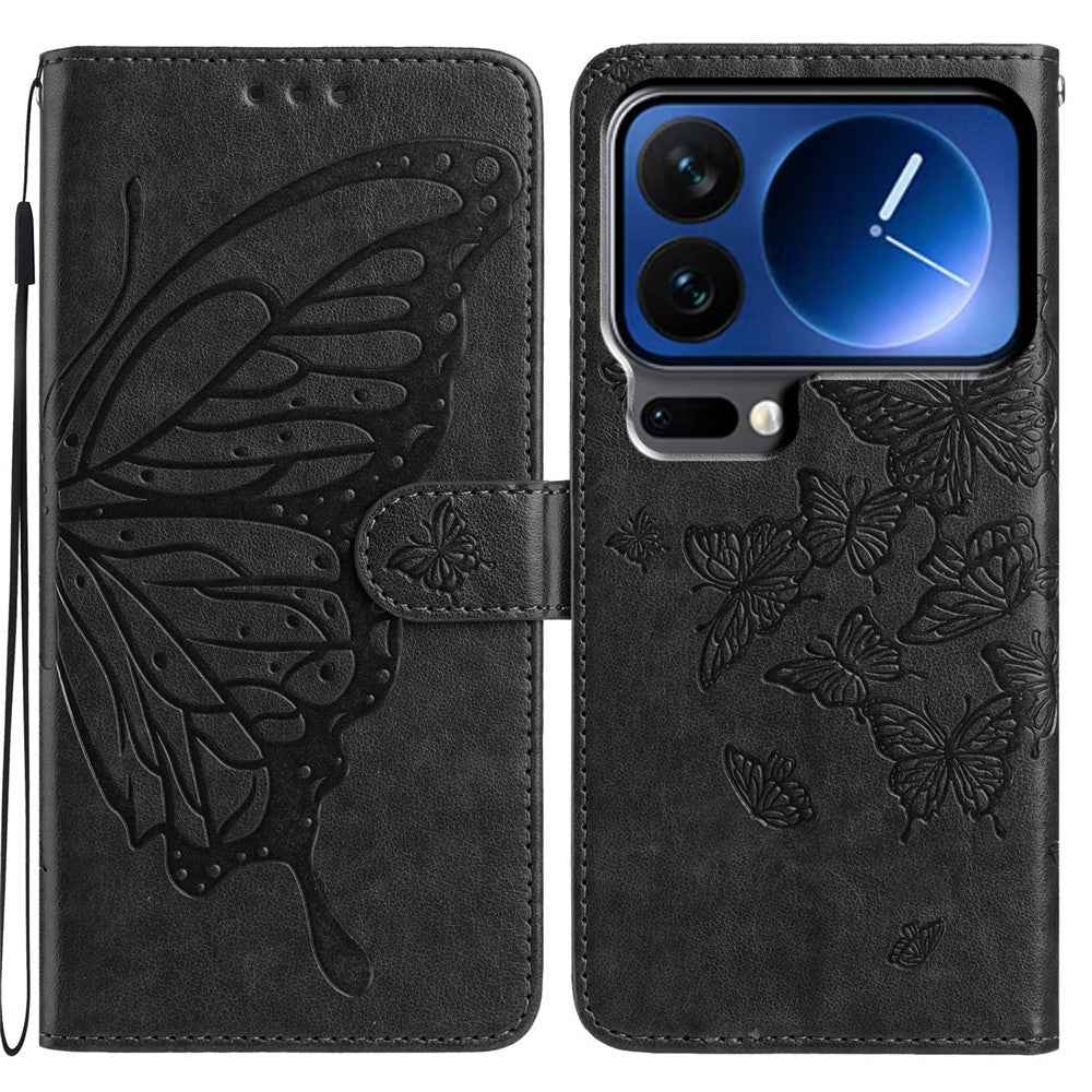 For Xiaomi 17 Pro Case Butterfly Imprinted Wallet Stand PU Leather Flip Phone Cover with Strap - Black