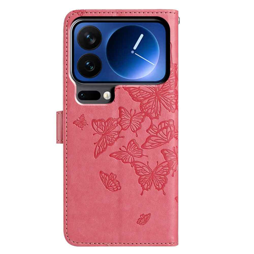 For Xiaomi 17 Pro Case Butterfly Imprinted Wallet Stand PU Leather Flip Phone Cover with Strap - Rose