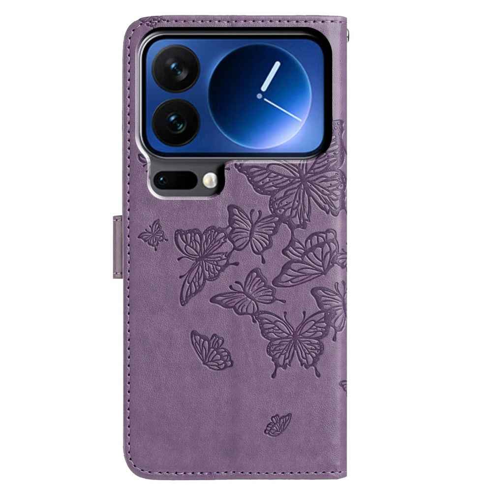 For Xiaomi 17 Pro Case Butterfly Imprinted Wallet Stand PU Leather Flip Phone Cover with Strap - Purple