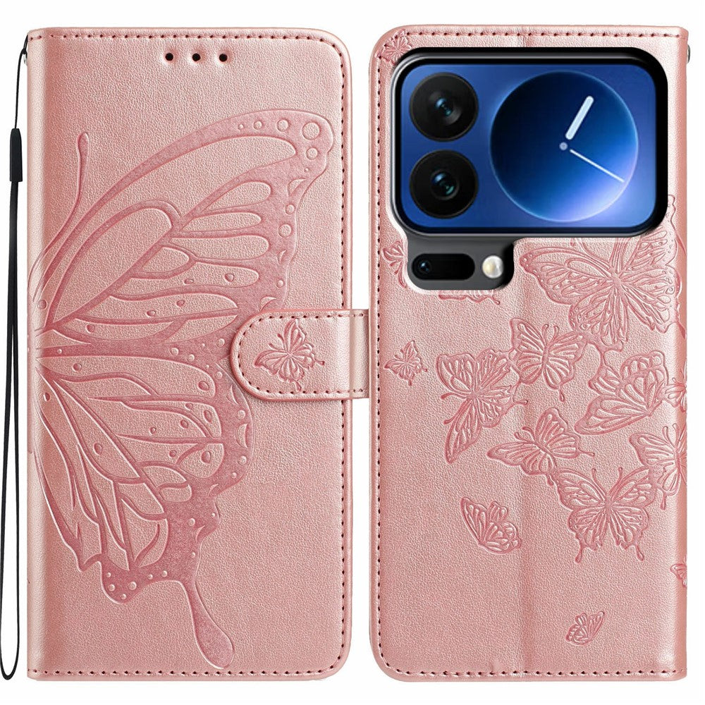 For Xiaomi 17 Pro Max Case Butterfly Imprinted Wallet Stand PU Leather Flip Phone Cover with Strap - Rose Gold