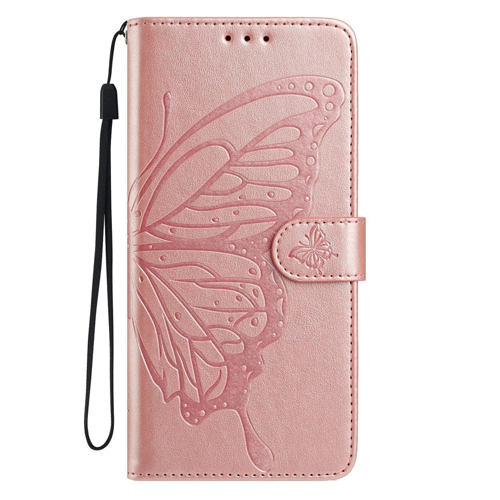 For Xiaomi 17 Pro Max Case Butterfly Imprinted Wallet Stand PU Leather Flip Phone Cover with Strap - Rose Gold
