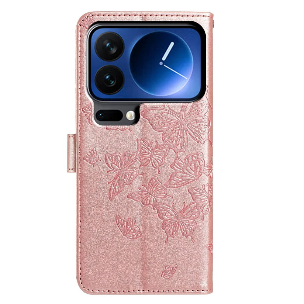 For Xiaomi 17 Pro Max Case Butterfly Imprinted Wallet Stand PU Leather Flip Phone Cover with Strap - Rose Gold
