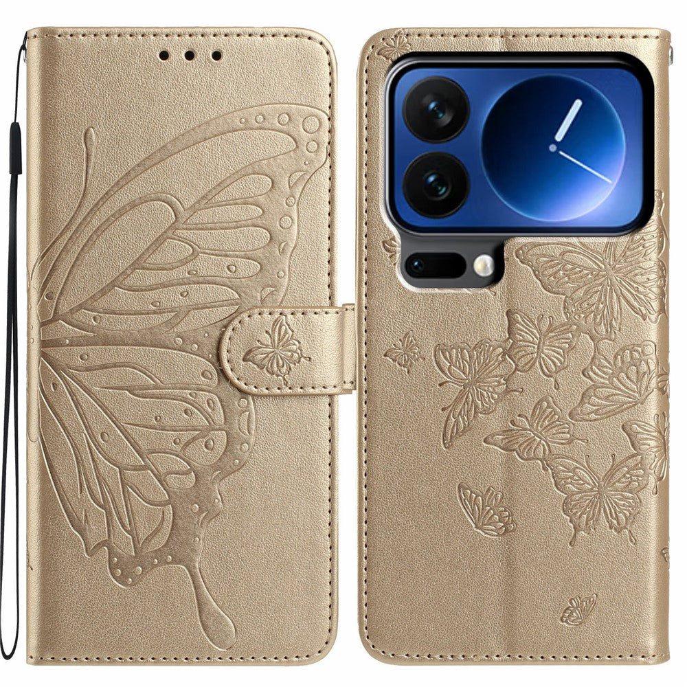 For Xiaomi 17 Pro Max Case Butterfly Imprinted Wallet Stand PU Leather Flip Phone Cover with Strap - Gold
