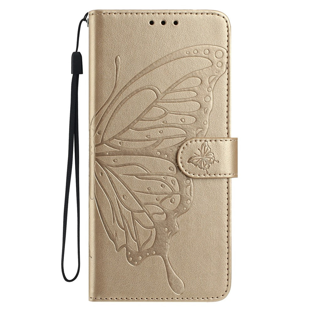 For Xiaomi 17 Pro Max Case Butterfly Imprinted Wallet Stand PU Leather Flip Phone Cover with Strap - Gold