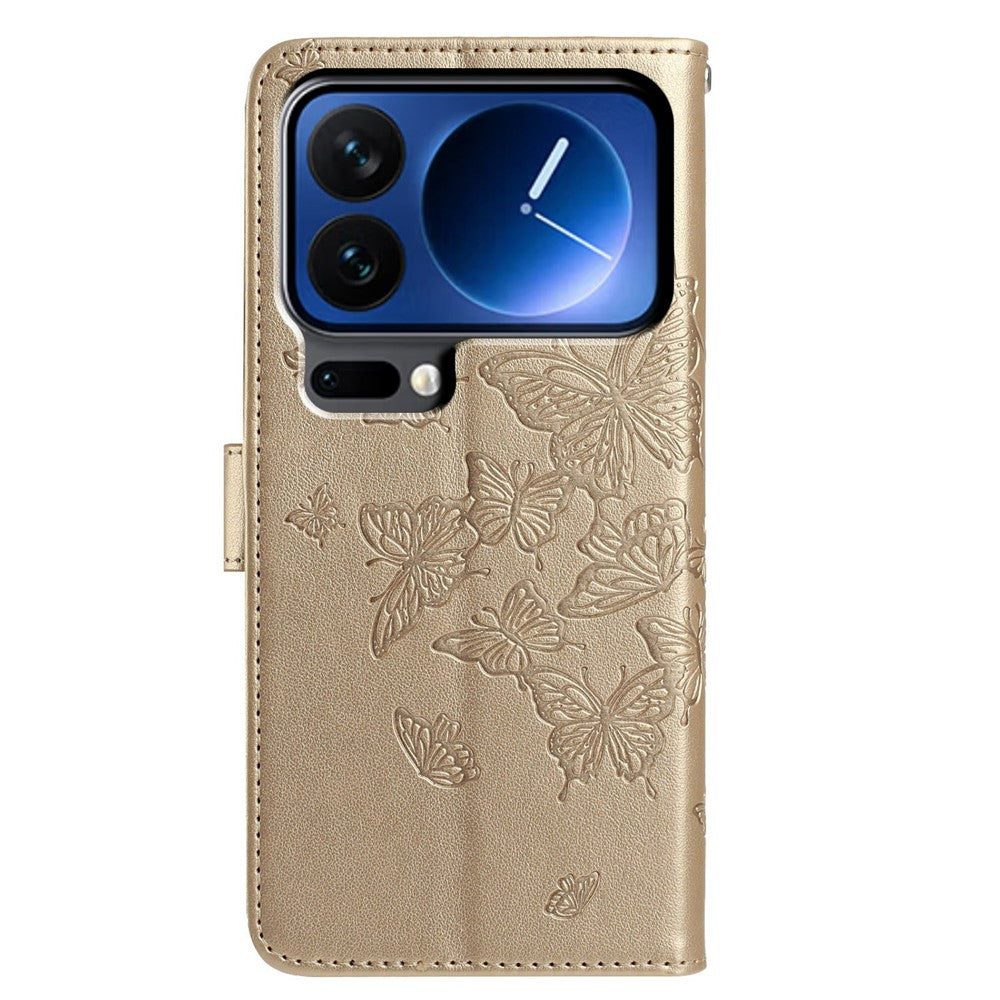 For Xiaomi 17 Pro Max Case Butterfly Imprinted Wallet Stand PU Leather Flip Phone Cover with Strap - Gold