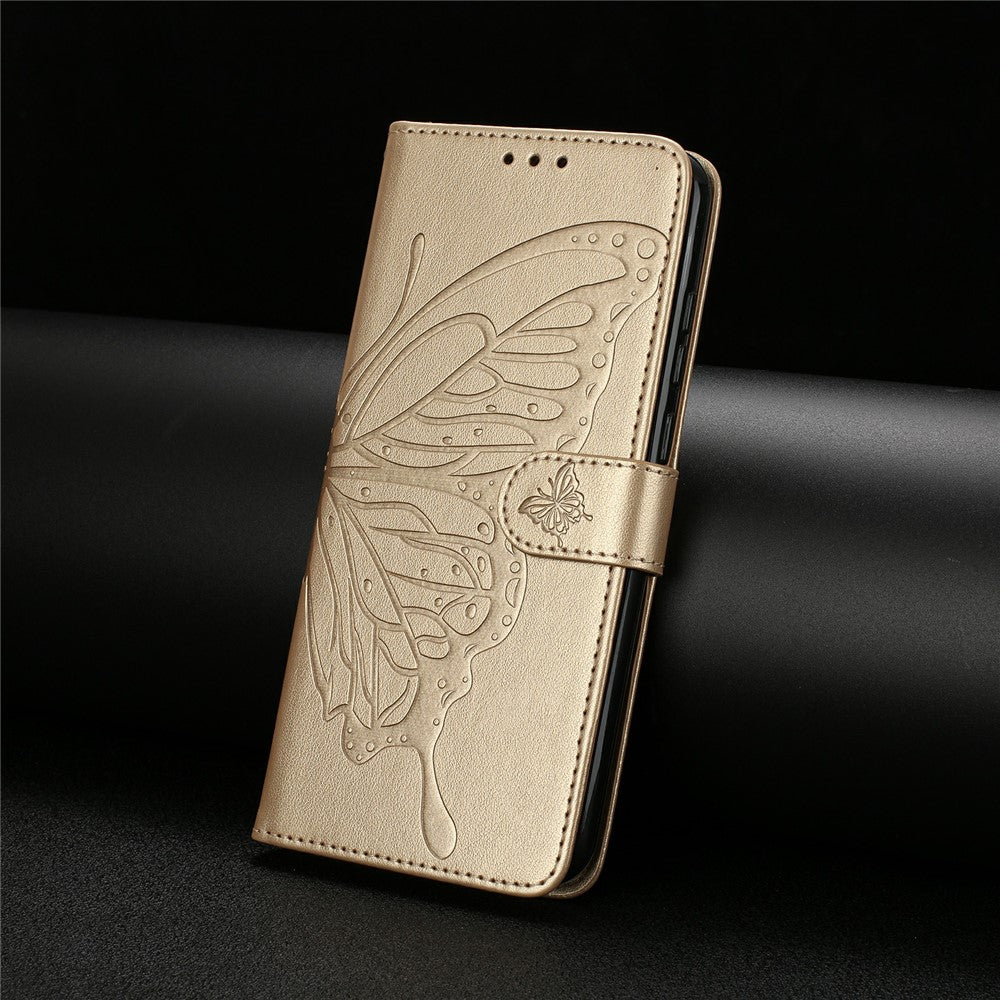 For Xiaomi 17 Pro Max Case Butterfly Imprinted Wallet Stand PU Leather Flip Phone Cover with Strap - Gold