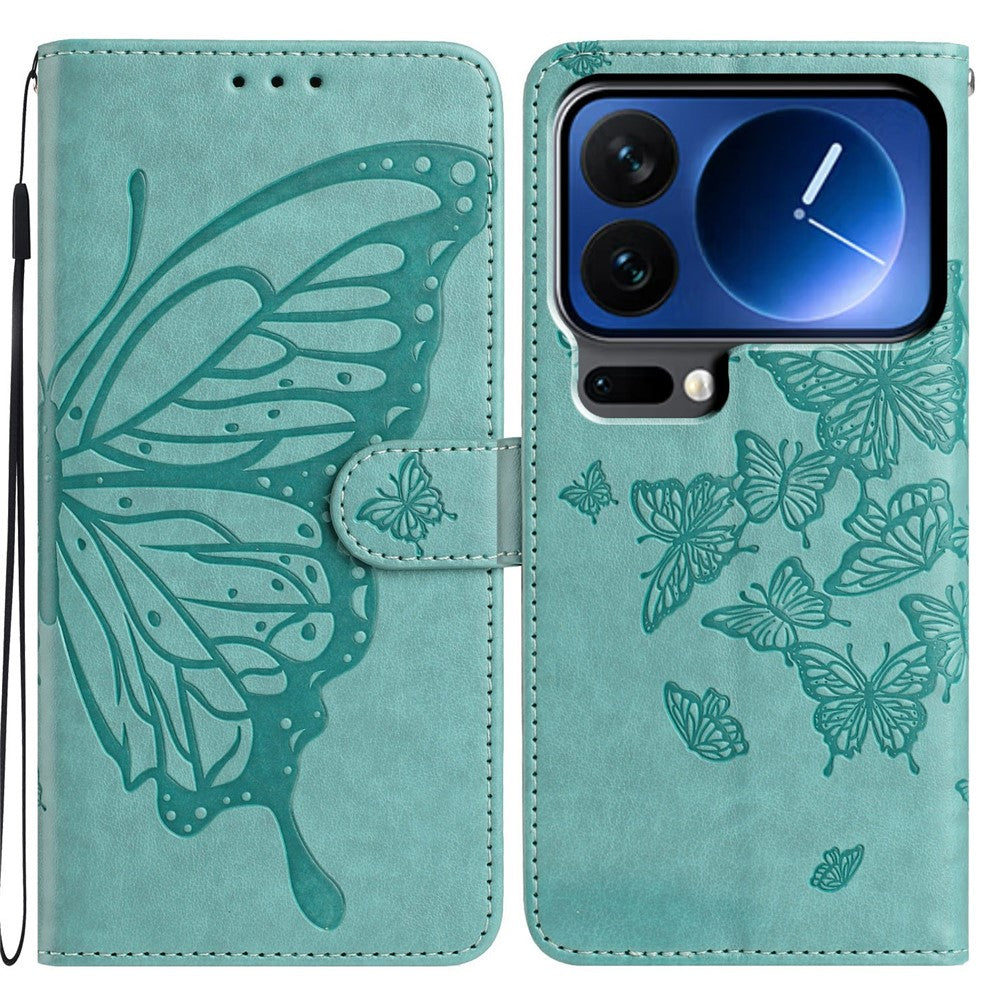 For Xiaomi 17 Pro Max Case Butterfly Imprinted Wallet Stand PU Leather Flip Phone Cover with Strap - Green