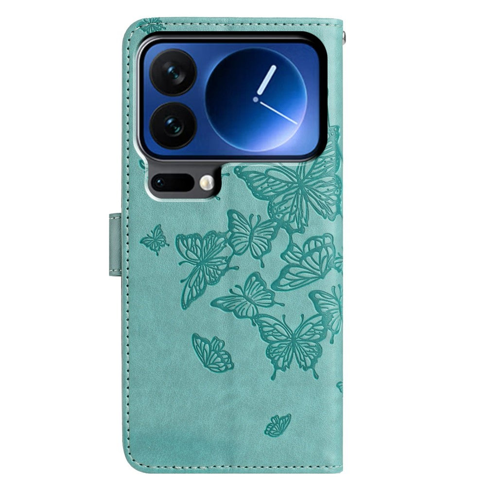 For Xiaomi 17 Pro Max Case Butterfly Imprinted Wallet Stand PU Leather Flip Phone Cover with Strap - Green