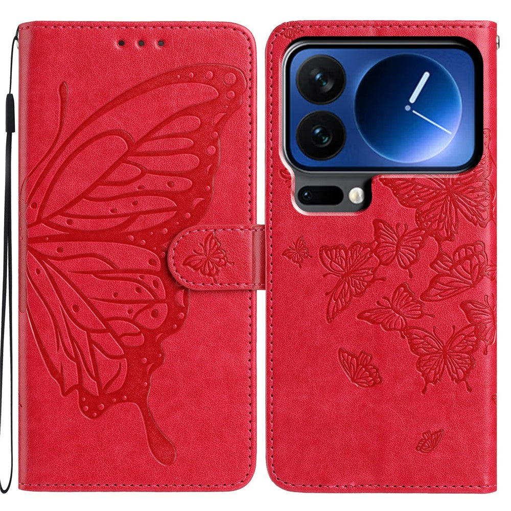 For Xiaomi 17 Pro Max Case Butterfly Imprinted Wallet Stand PU Leather Flip Phone Cover with Strap - Red