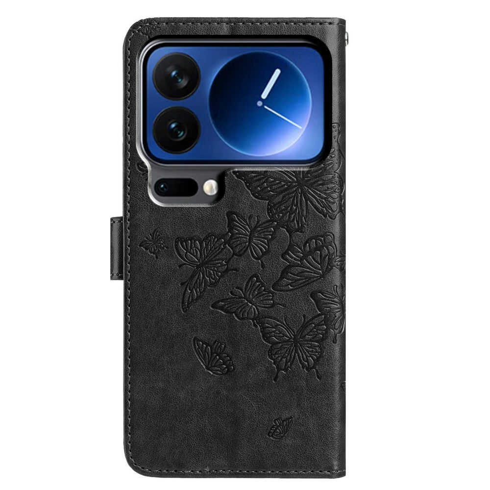 For Xiaomi 17 Pro Max Case Butterfly Imprinted Wallet Stand PU Leather Flip Phone Cover with Strap - Black