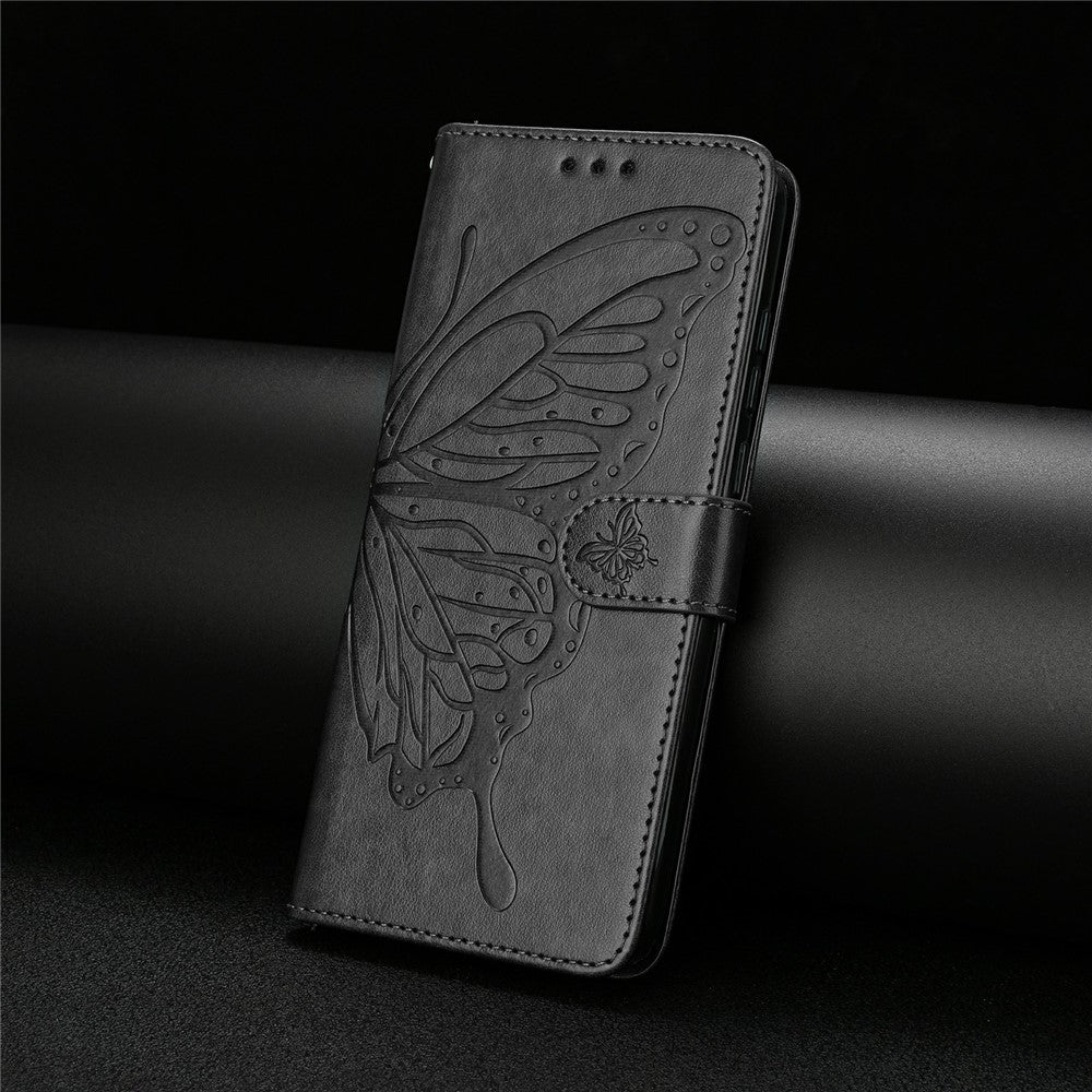 For Xiaomi 17 Pro Max Case Butterfly Imprinted Wallet Stand PU Leather Flip Phone Cover with Strap - Black