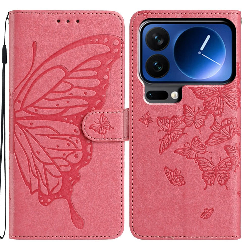 For Xiaomi 17 Pro Max Case Butterfly Imprinted Wallet Stand PU Leather Flip Phone Cover with Strap - Rose