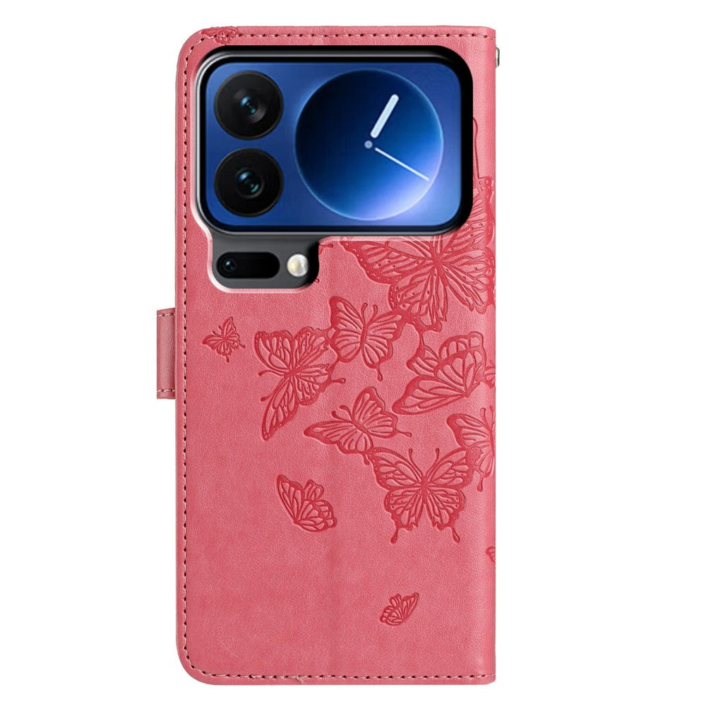 For Xiaomi 17 Pro Max Case Butterfly Imprinted Wallet Stand PU Leather Flip Phone Cover with Strap - Rose