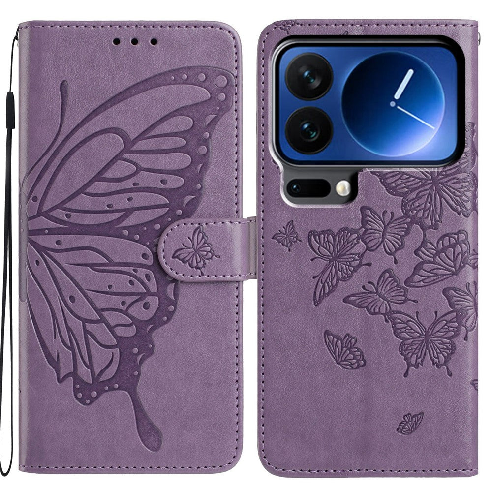 For Xiaomi 17 Pro Max Case Butterfly Imprinted Wallet Stand PU Leather Flip Phone Cover with Strap - Purple
