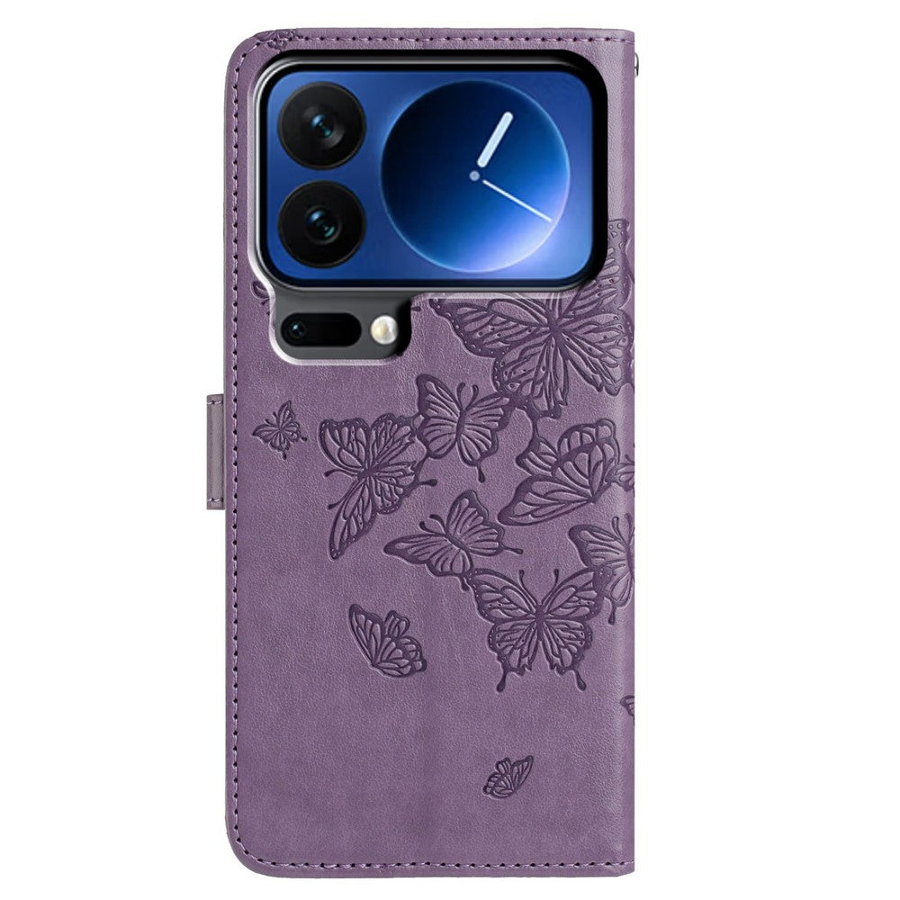 For Xiaomi 17 Pro Max Case Butterfly Imprinted Wallet Stand PU Leather Flip Phone Cover with Strap - Purple