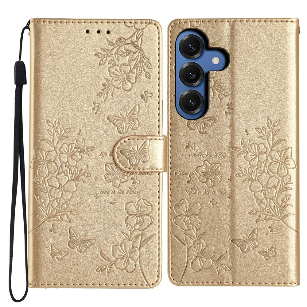 For-Samsung-Galaxy-S26-/-S26-Pro-Wallet-Phone-Case-Butterfly-Floral-Imprint-Leather-Flip-Cover-with-Strap-Gold