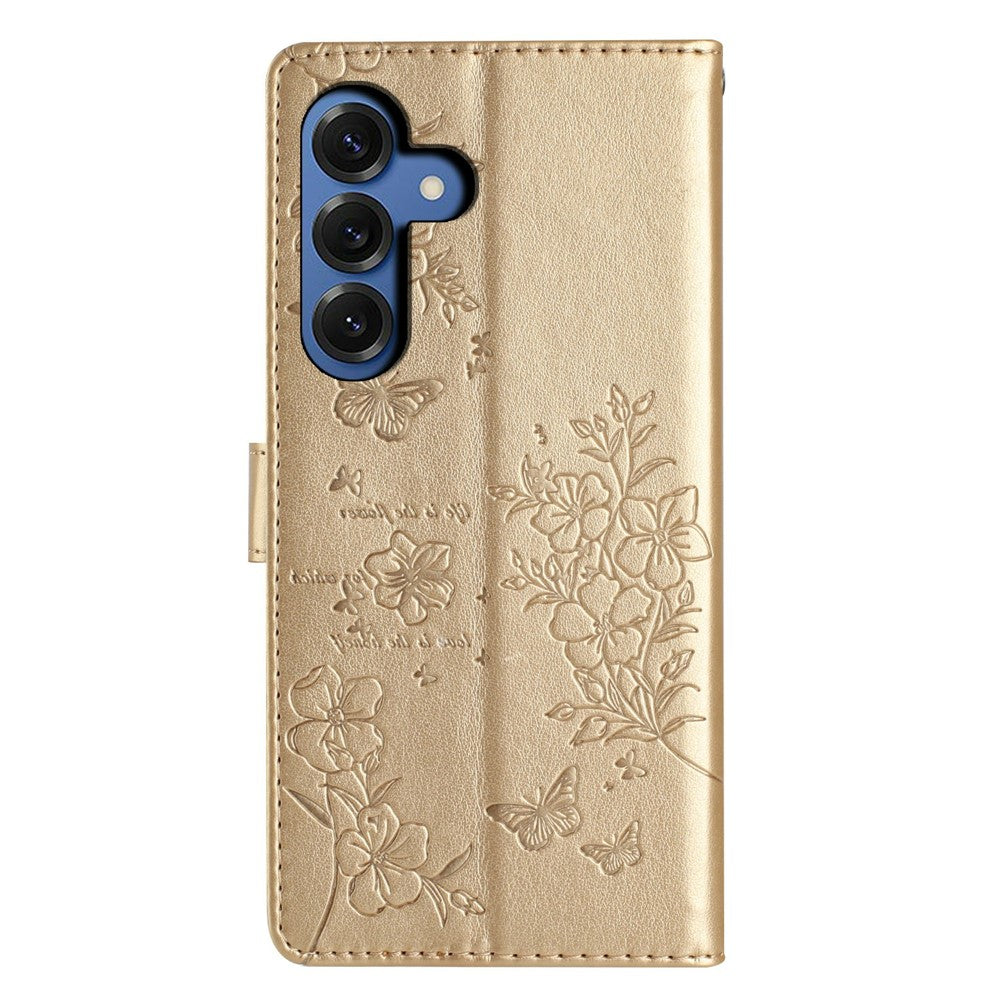 For-Samsung-Galaxy-S26-/-S26-Pro-Wallet-Phone-Case-Butterfly-Floral-Imprint-Leather-Flip-Cover-with-Strap-Gold