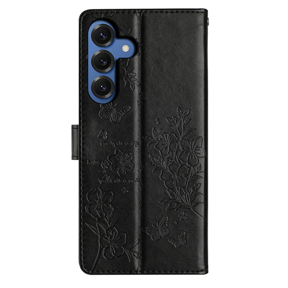 For-Samsung-Galaxy-S26-/-S26-Pro-Wallet-Phone-Case-Butterfly-Floral-Imprint-Leather-Flip-Cover-with-Strap-Black